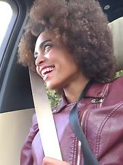 Ebony cutie seduces a white stud in a hard sex outdoors